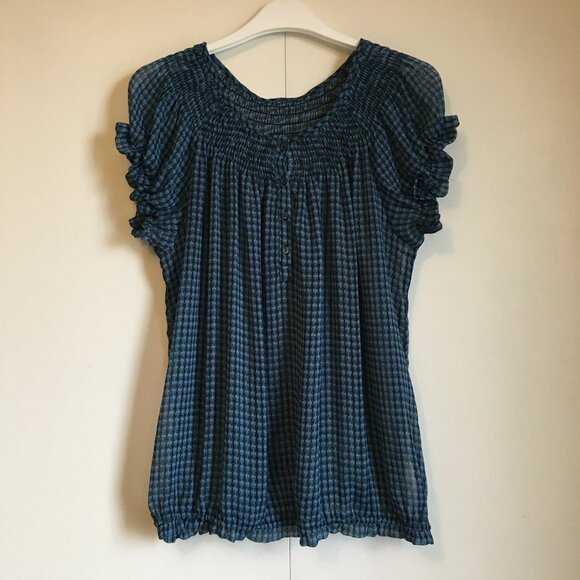 Checkered Chiffon Ruched Puff Sleeve Milkmaid Blouse - Picture 1 of 12